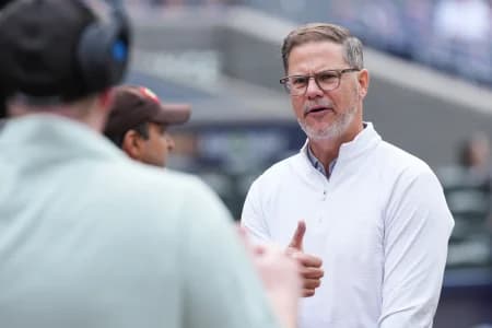 Toronto Blue Jays general manager Ross Atkins talks with the media during batting practice between the Toronto Blue Jays and Seattle Mariners before game two of the ALCS round for the 2025 MLB playoffs at Rogers Centre.