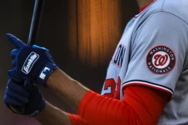 The Washington Nationals logo on the sleeve of outfielder James Wood (29) as he prepares on deck in the fourth inning against the Cincinnati Reds at Great American Ball Park.