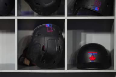 The City Connect helmet of Toronto Blue Jays first baseman Vladimir Guerrero Jr. (27) rests in the dugout before a MLB game against the Cleveland Guardians at Rogers Centre.