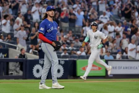 New York Yankees right fielder Spencer Jones (78) rounds the bases after hitting a two run home run against Toronto Blue Jays relief pitcher Spencer Arrighetti (45) during the second inning at Yankee Stadium