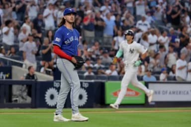 New York Yankees right fielder Spencer Jones (78) rounds the bases after hitting a two run home run against Toronto Blue Jays relief pitcher Spencer Arrighetti (45) during the second inning at Yankee Stadium