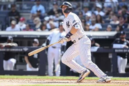 New York Yankees first baseman Paul Goldschmidt (48) hits a double in the fourth inning against the New York Mets at Yankee Stadium.