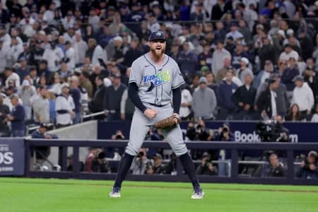 Tampa Bay Rays relief pitcher Bryan Baker (47) celebrates after defeating the New York Yankees in game three of the ALDS to win the series 3-0 during the 2026 MLB Playoffs at Yankee Stadium.