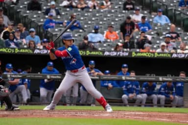 Toronto Blue Jays infielder Kazuma Okamoto (7) awaits a pitch during the sixth inning at Oriole Park at Camden Yards