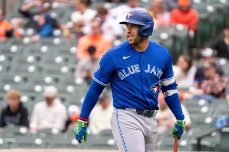 Toronto Blue Jays designated hitter George Springer (4) reacts after striking out during the fourth inning at Oriole Park at Camden Yards.