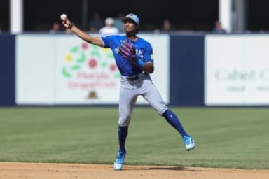 Toronto Blue Jays shortstop Arjun Nimmala (18) throws to first fro an out against the New York Yankees in the fourth inning during spring training at George M. Steinbrenner Field.