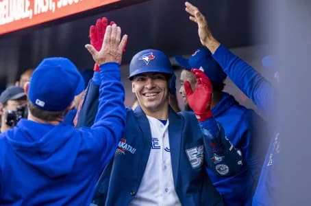 Toronto Blue Jays catcher Brandon Valenzuela (59) celebrates hitting a home run against the Cincinnati Reds during the second inning at Rogers Centre.