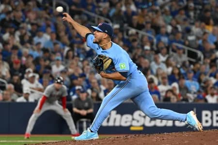 Toronto Blue Jays relief pitcher Jose Berrios (17) delivers a pitch against the Boston Red Sox in the seventh inning at Rogers Centre.