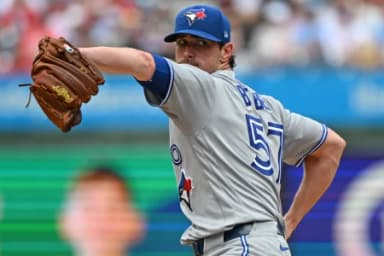 Toronto Blue Jays pitcher Shane Bieber (57) throws a pitch during the first inning against the Philadelphia Phillies at Citizens Bank Park.