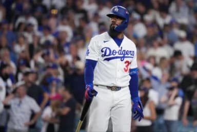 Los Angeles Dodgers outfielder Teoscar Hernandez (37) reacts after striking out in the eighth inning against the Milwaukee Brewers in game four of the NLCS for the 2026 MLB Playoffs at Uniqlo Field at Dodger Stadium.