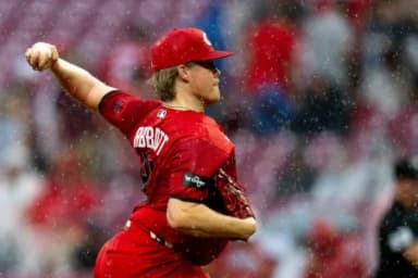 Cincinnati Reds pitcher Andrew Abbott (41) pitches in the first inning between the Pittsburgh Pirates and Cincinnati Reds at Great American Ball Park in Cincinnati on Saturday, August 1, 2026.