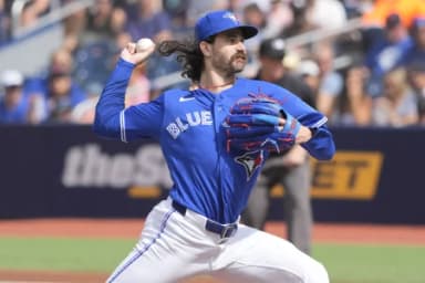 Toronto Blue Jays starting pitcher Dylan Cease (84) pitches to the Baltimore Orioles during the first inning at Rogers Centre.